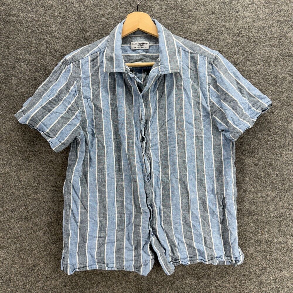 Eight Avenue Shirt Men M Medium Blue Striped Button Up Collared Short Sleeve